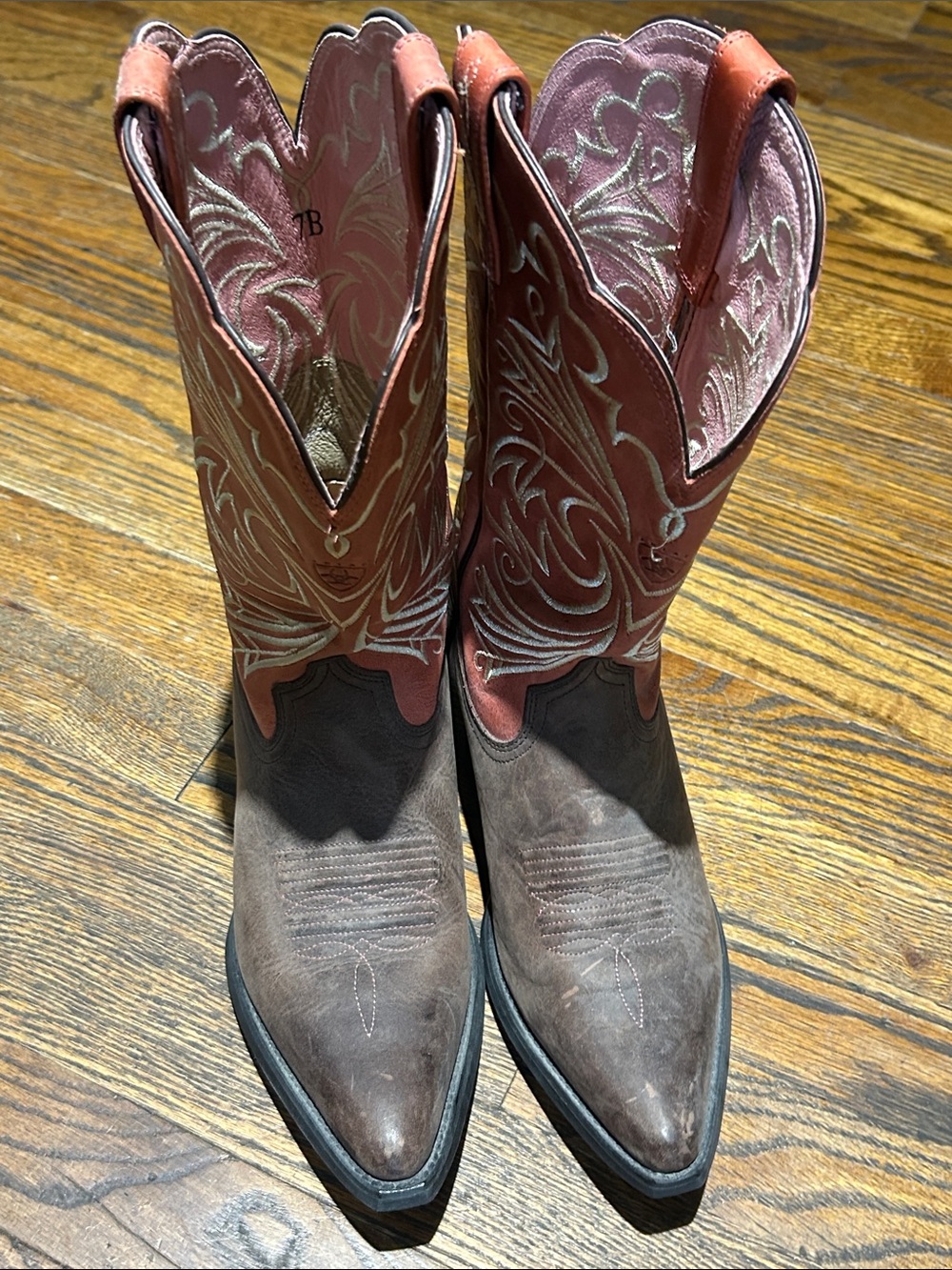 Ariat Brown Foot with Red Embroidered Shaft Western Heeled Boots - Picture 10 of 12